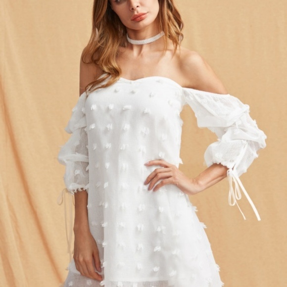 White Off Shoulder Mini Shift Dress - Picture 4 of 5